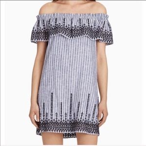 Parker Off Shoulder Navy & White Linen Dress M